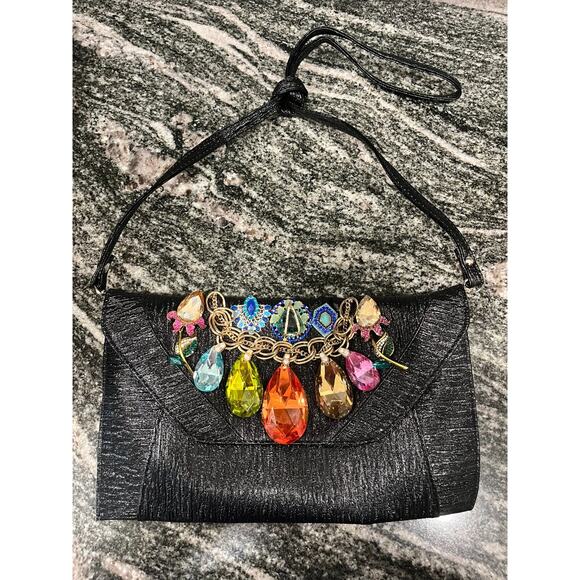 IRIS LANE EVENING BLACK CLUTCH WITH MULTIOLOR RHINESTONES & GEMS - Picture 8 of 11